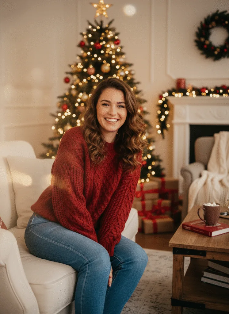 Red sweater and jeans outfit