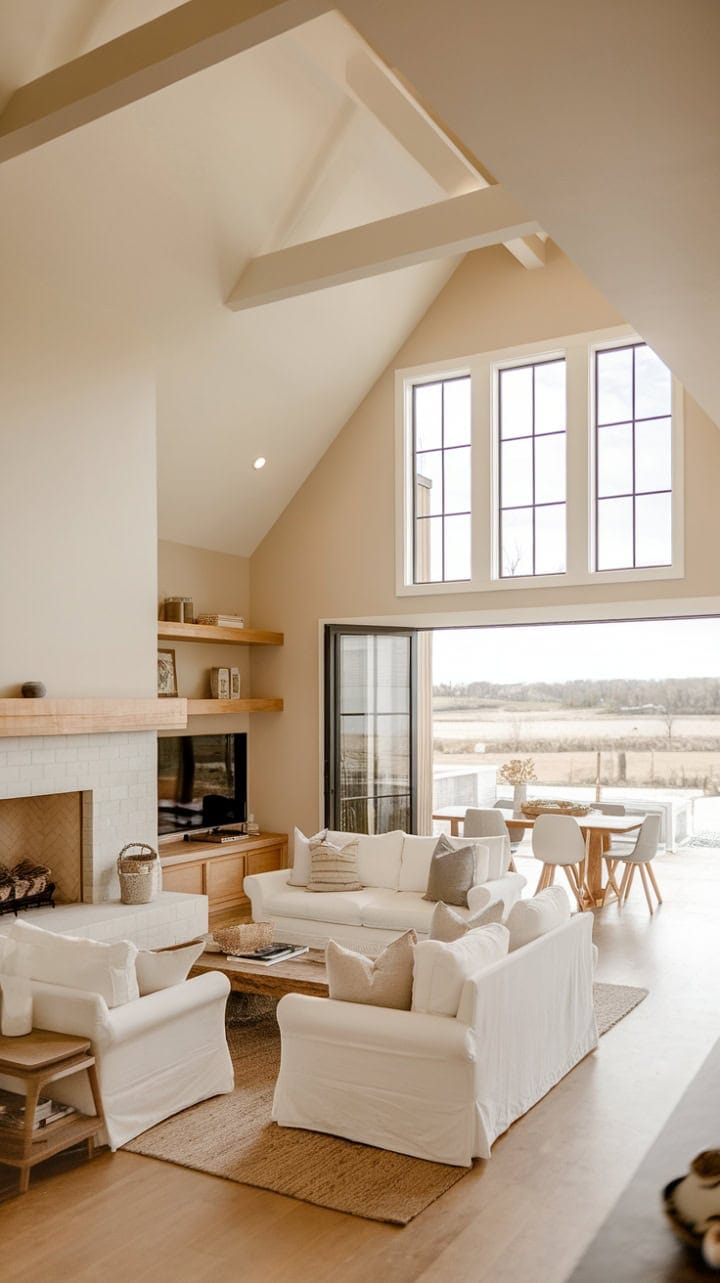 Sunlit modern farmhouse with vaulted ceilings and fireplace
