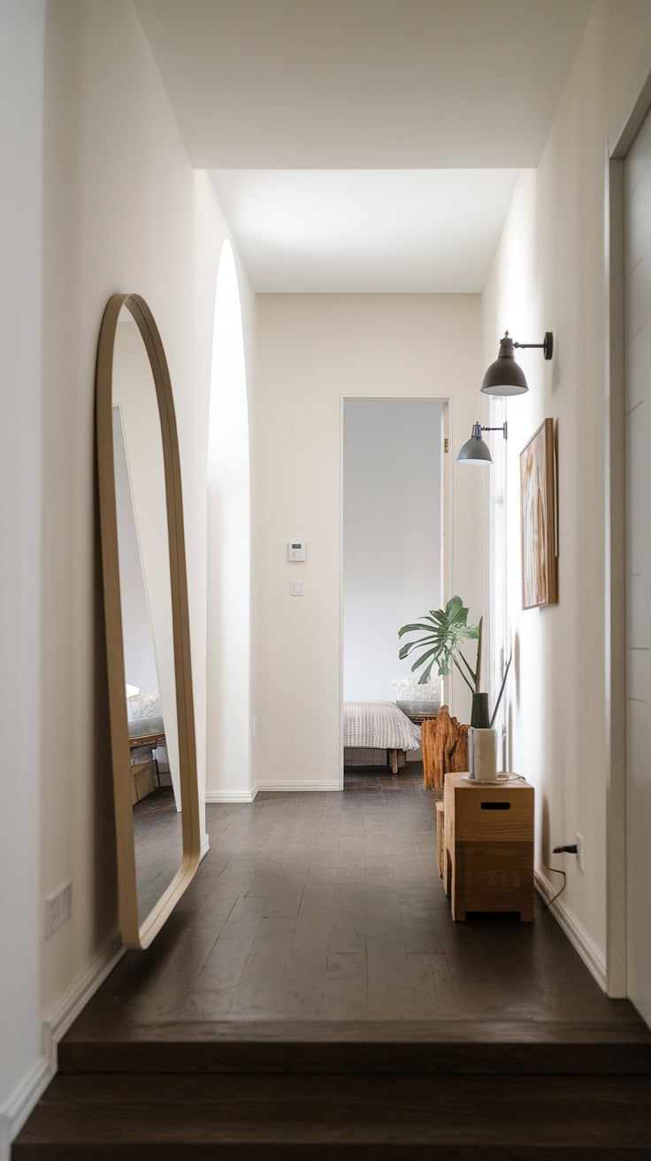 Minimalist home hallway with corridor mirror and soft lighting