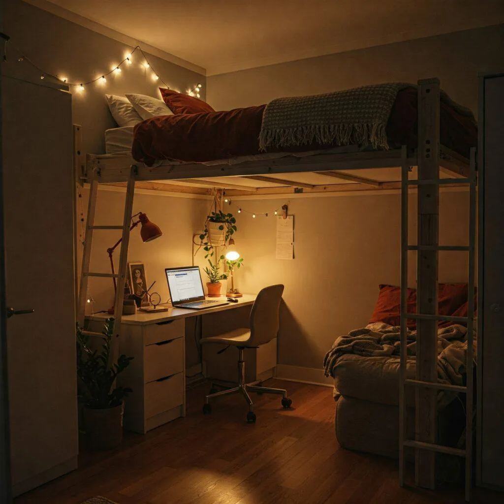 Layered bedding in a small bedroom