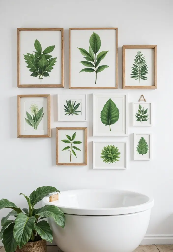 gallery wall of green botanical prints in black and gold frames