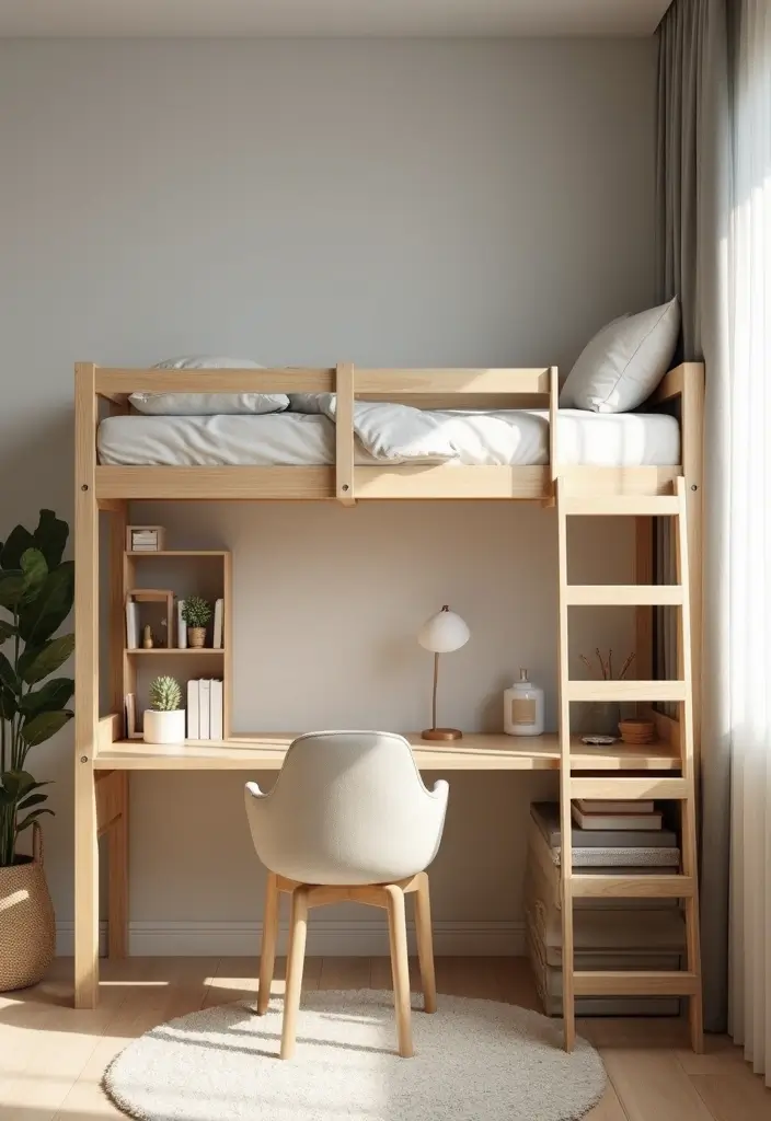 minimalist loft bed with desk and plants