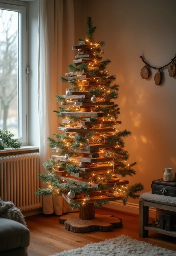 rustic wooden christmas tree with fairy lights