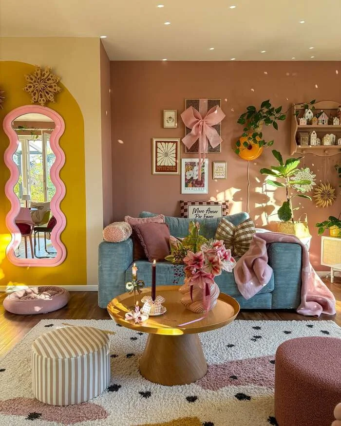 grey and pink living room decor