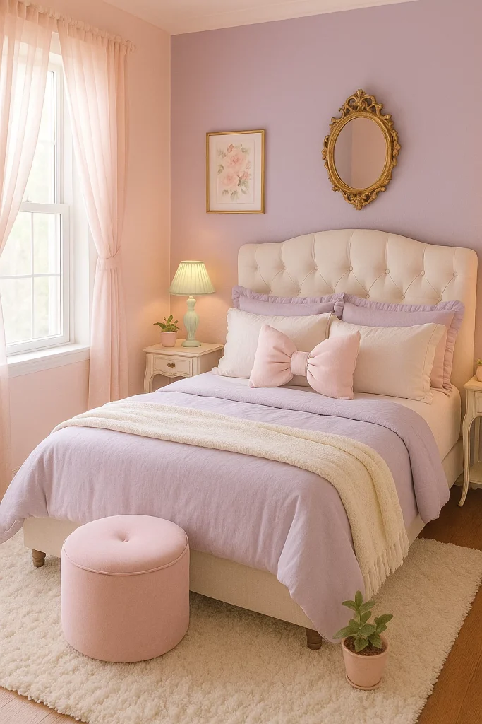 Coquette pastel bedroom with blush walls, mint lamp, soft bedding, and dreamy lavender accents.