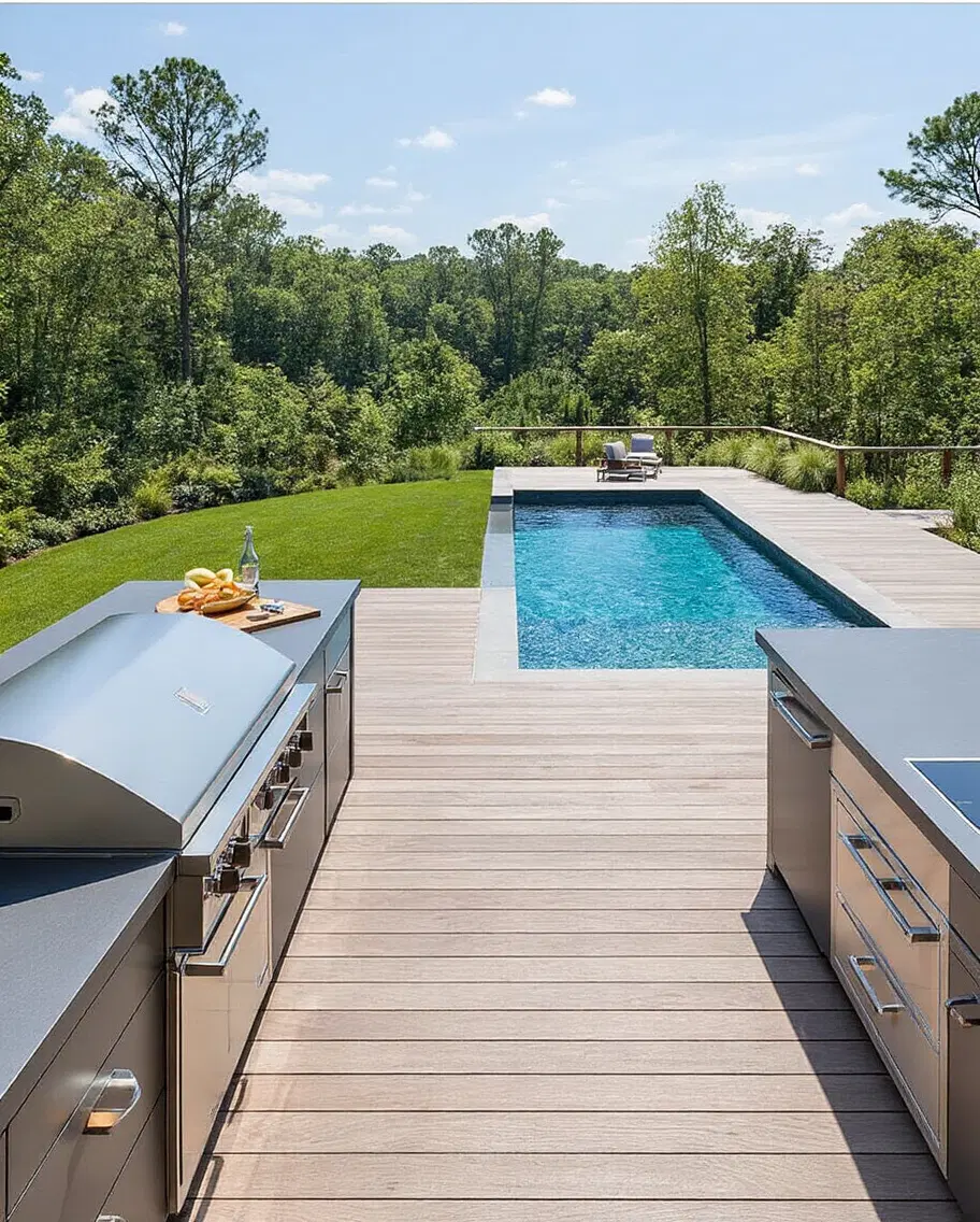 elevated u shaped outdoor kitchen pool