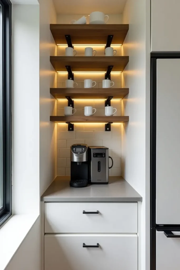 Built-in wall niche coffee station with shelves, LED lighting, and bold backsplash in a small kitchen.