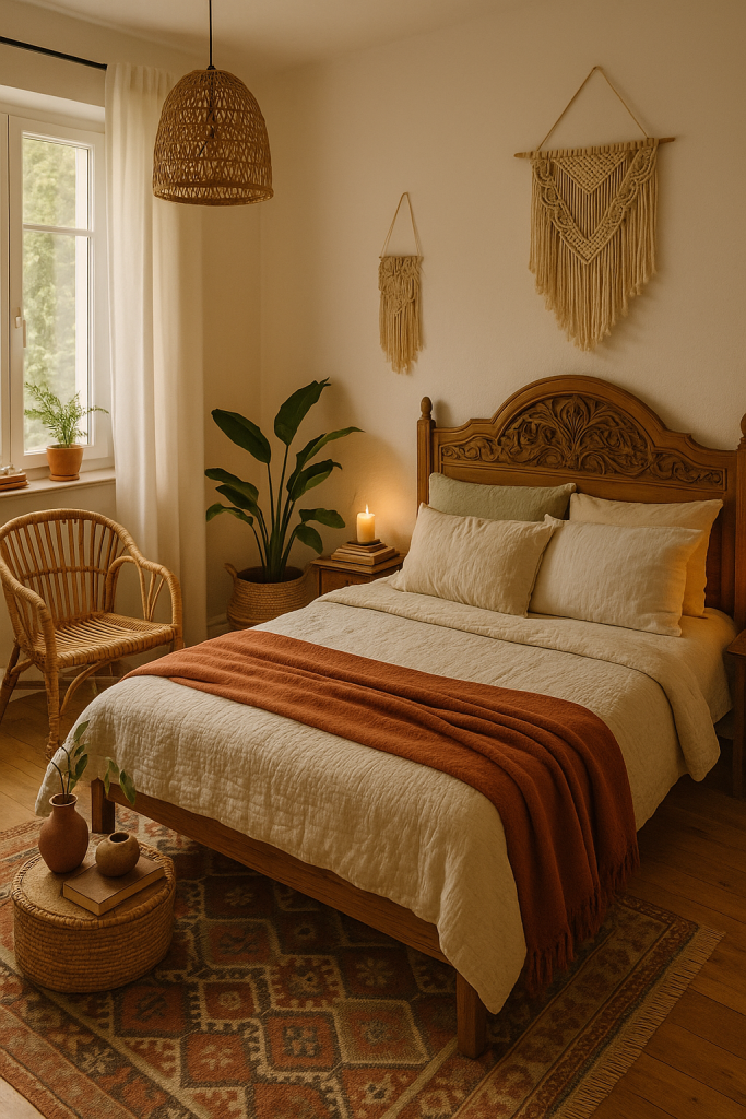 Cozy boho bedroom with earthy colors, white walls, rattan accents, plants, and warm soft lighting.