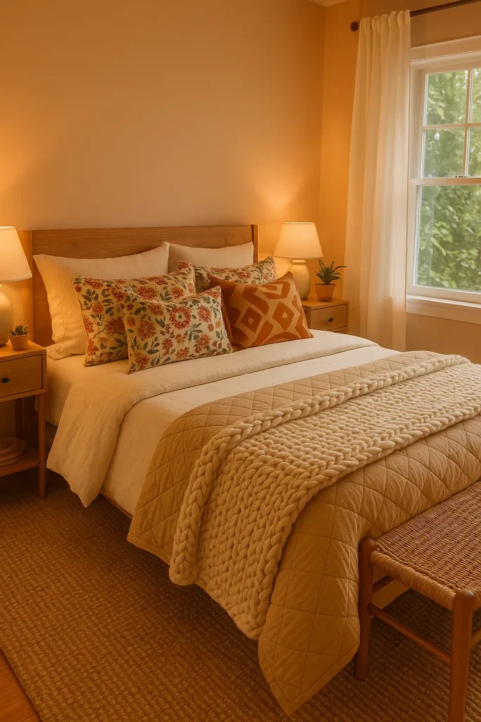 Boho bedroom bed with layered linen, knit throw, patterned pillows, soft lighting, and warm textures.