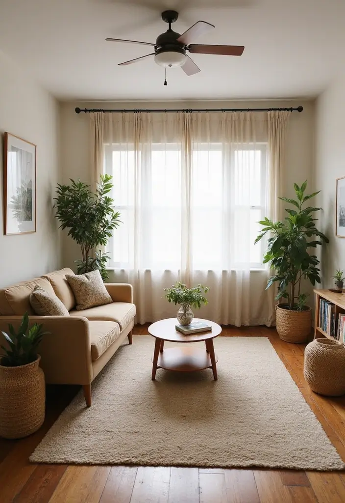 living room with terracotta cushions and woven rug