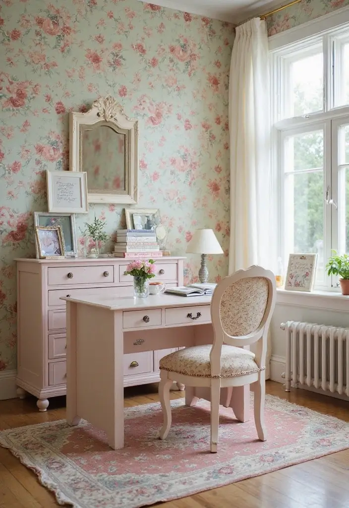 floral wallpaper vintage girly office decor