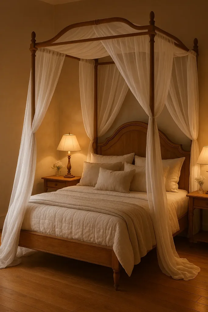 Cozy canopy bed draped in sheer voile with plush pillows and warm wood tones for a romantic retreat.