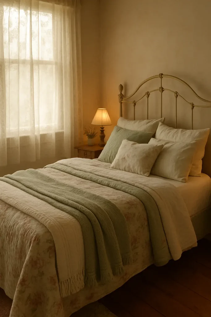 Cottagecore bed layered with sage and cream blankets, knit throw, and soft vintage lighting.