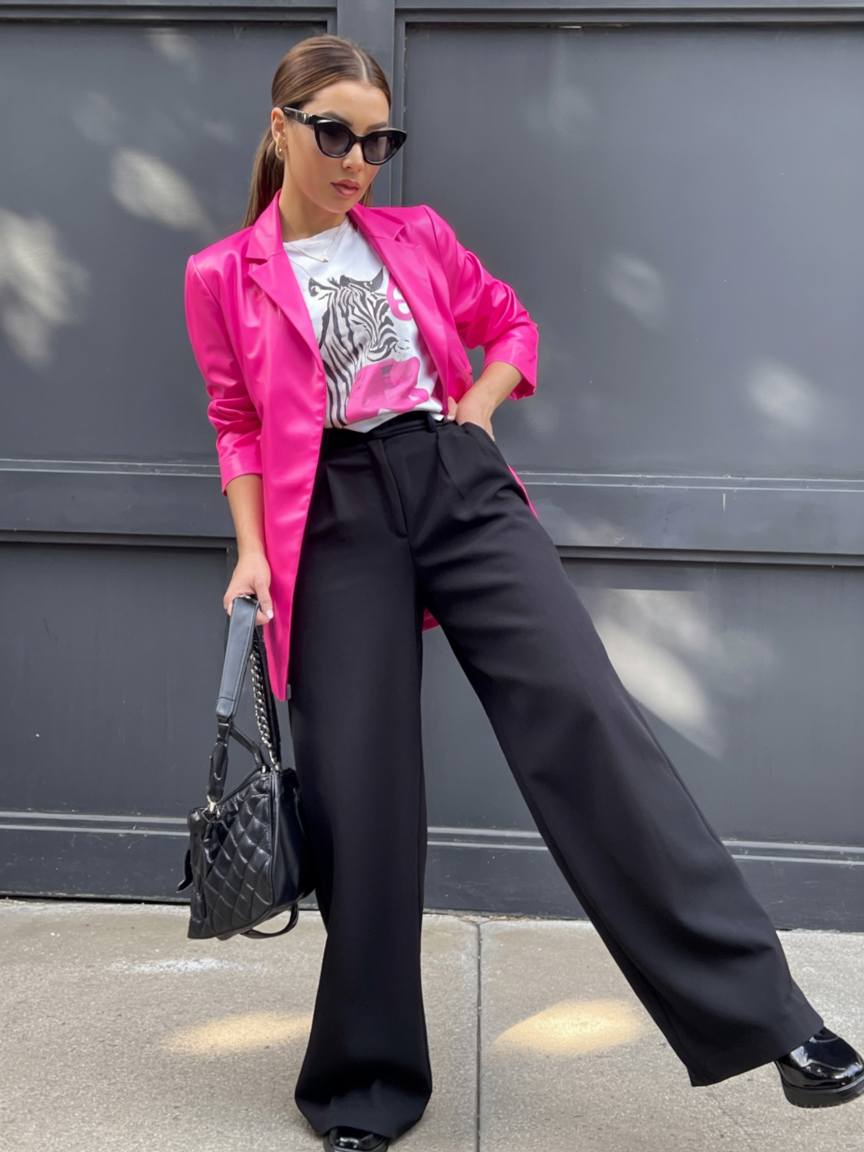Pink Blazer with Wide-Leg Trousers