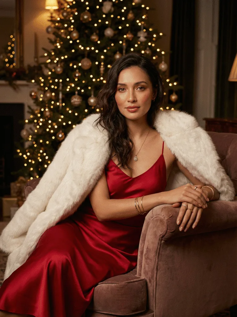 Red satin dress with faux fur for Christmas