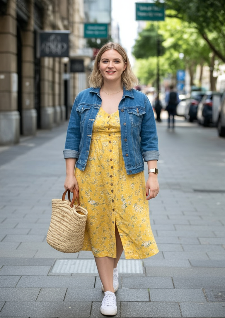 Yellow button-front dress with denim jacket