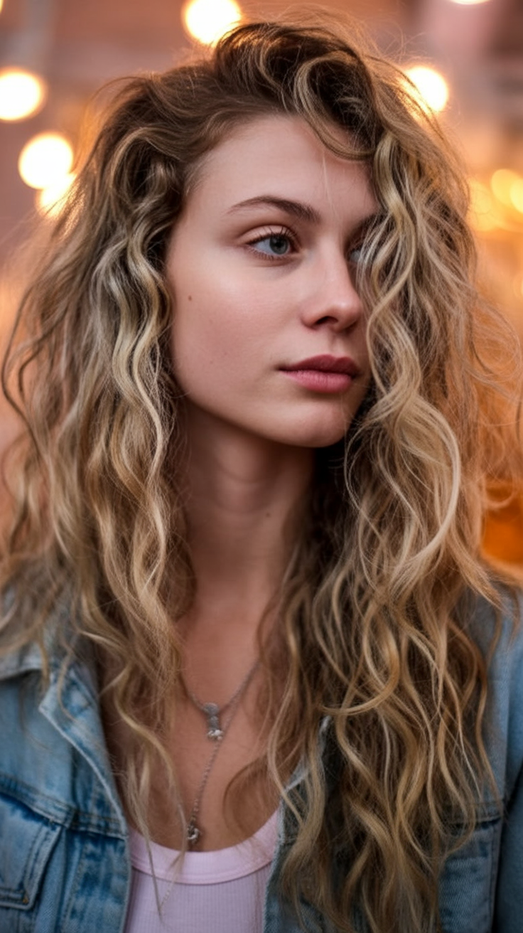 Textured curly dirty blonde hair