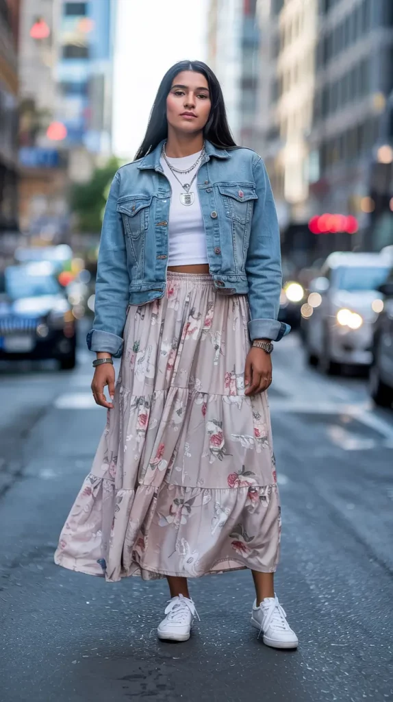 Tiered pastel maxi skirt with cropped denim jacket