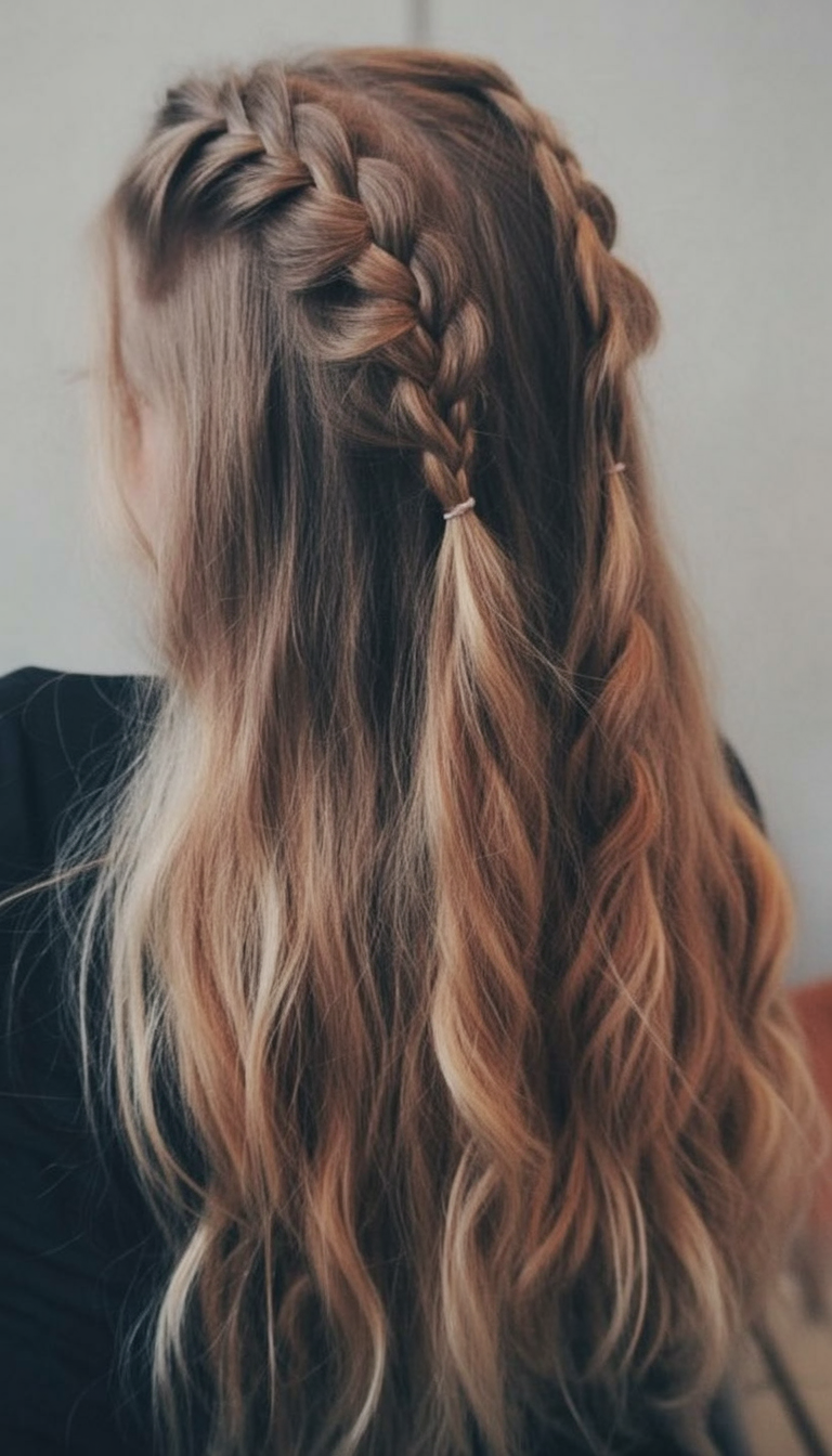 Half-Up Crown Braid with Waves