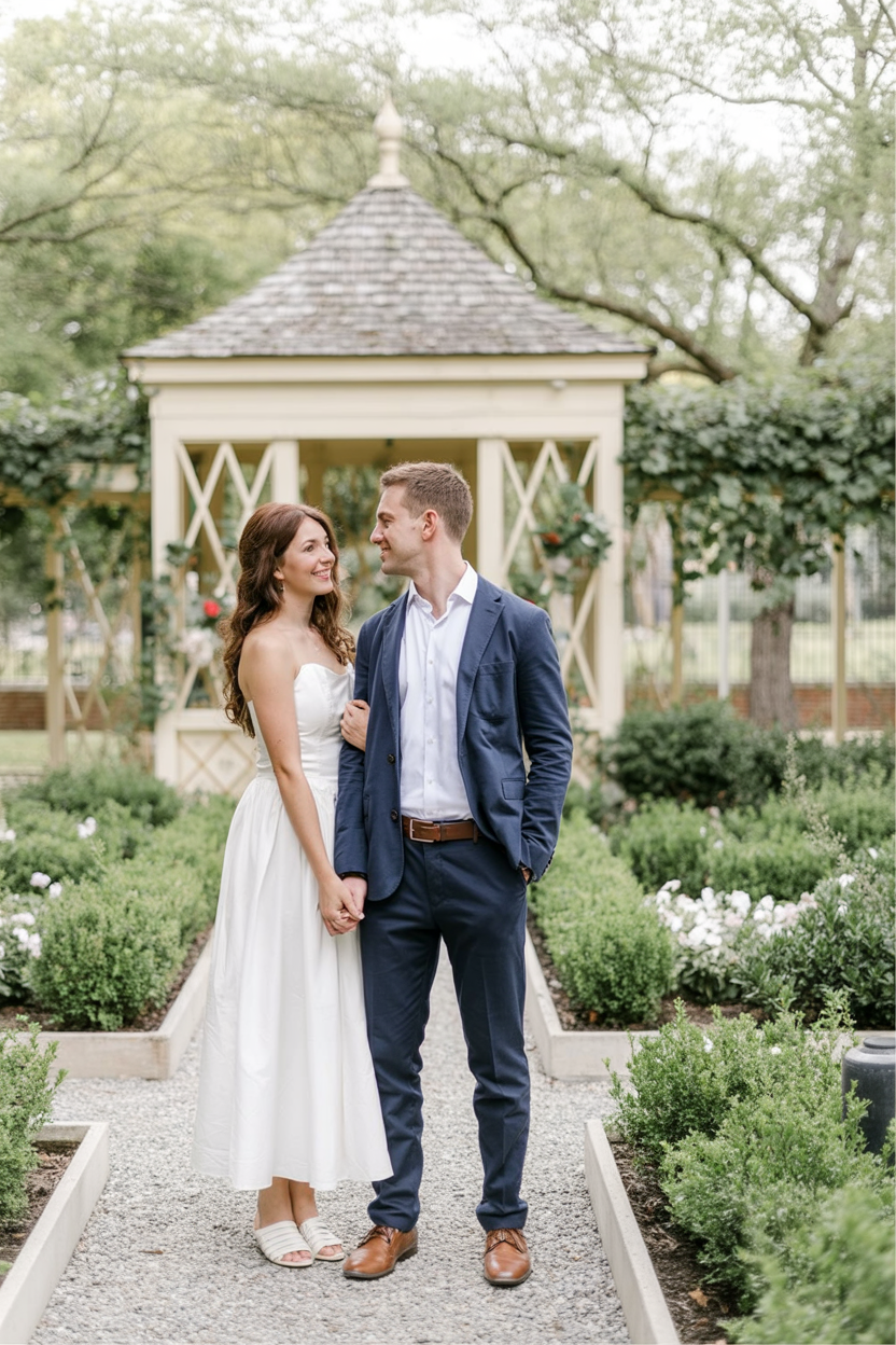 White midi dress with navy suit engagement look