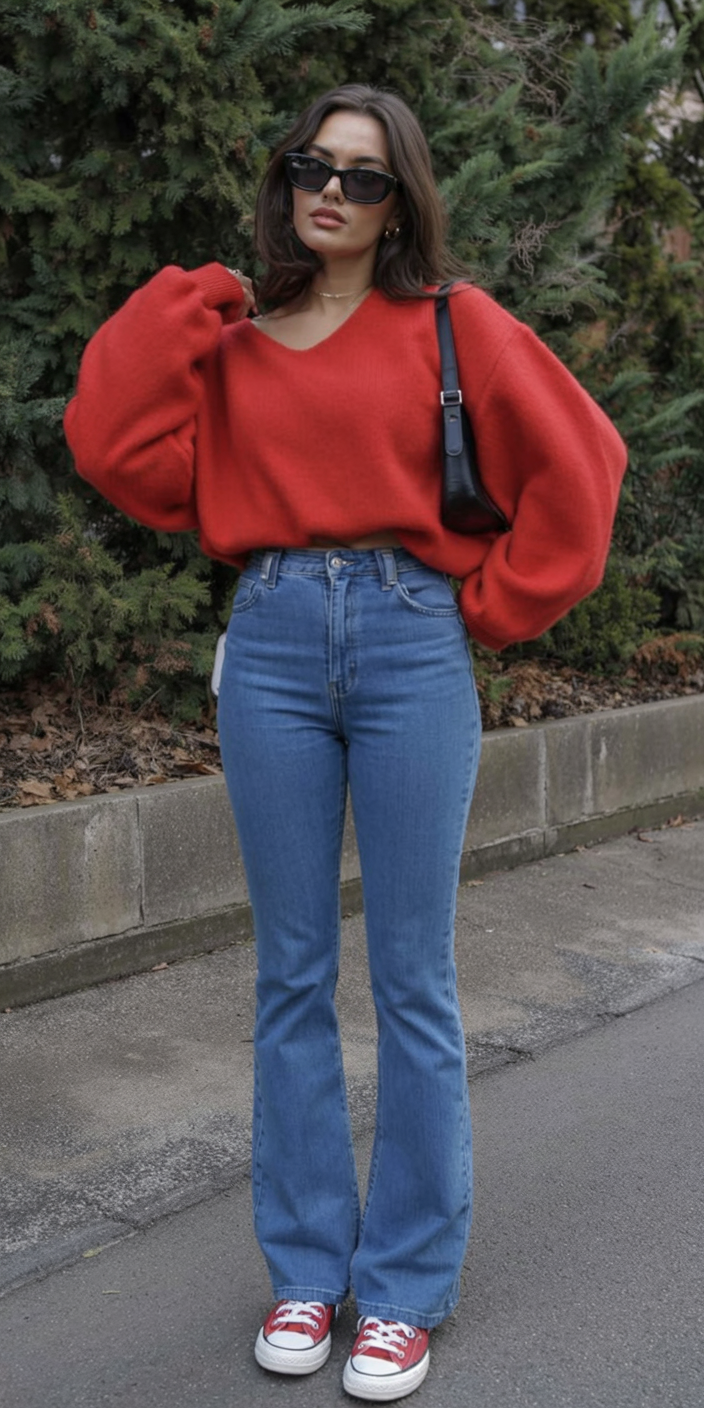 red V-neck sweater with flare jeans