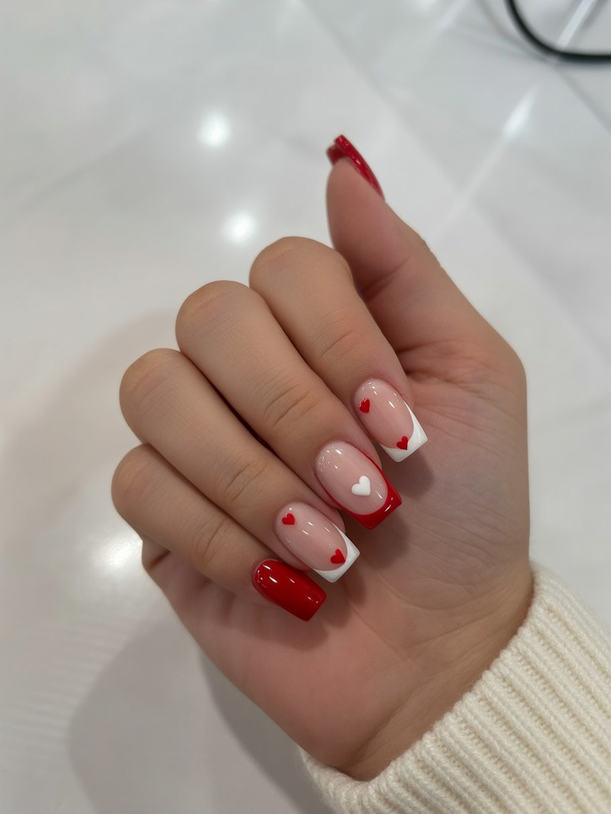 Classic red and white hearts french tips