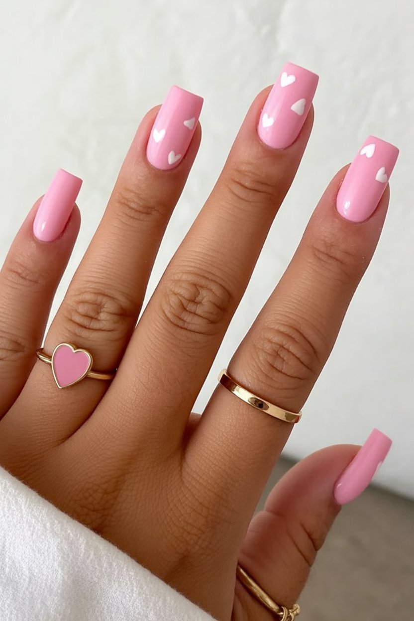 Baby pink heart sprinkle nails