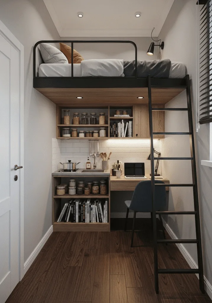 Lofted bed with vertical shelves maximizing small bedroom space