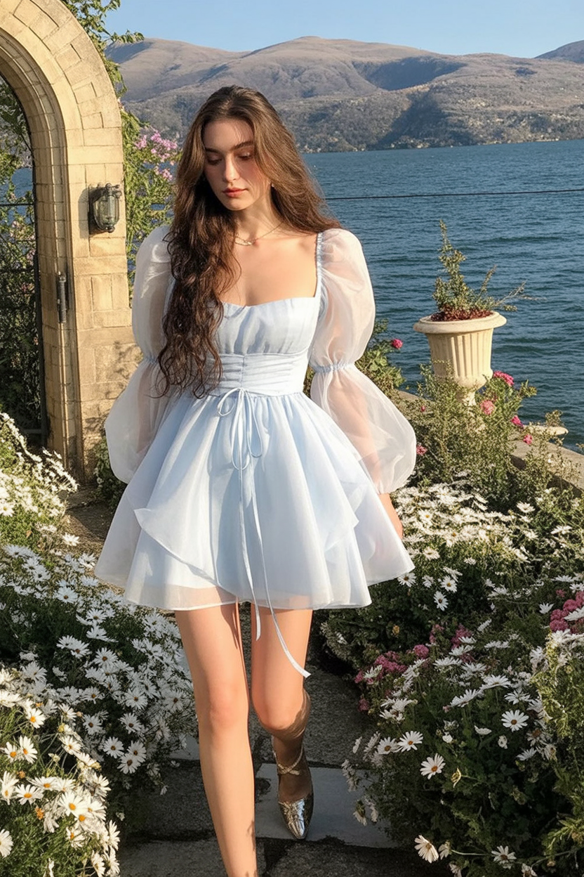 Light Blue Layered Puff-Sleeve Mini Dress