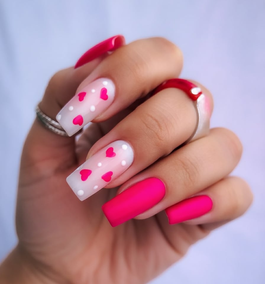 Hot pink heart confetti nails
