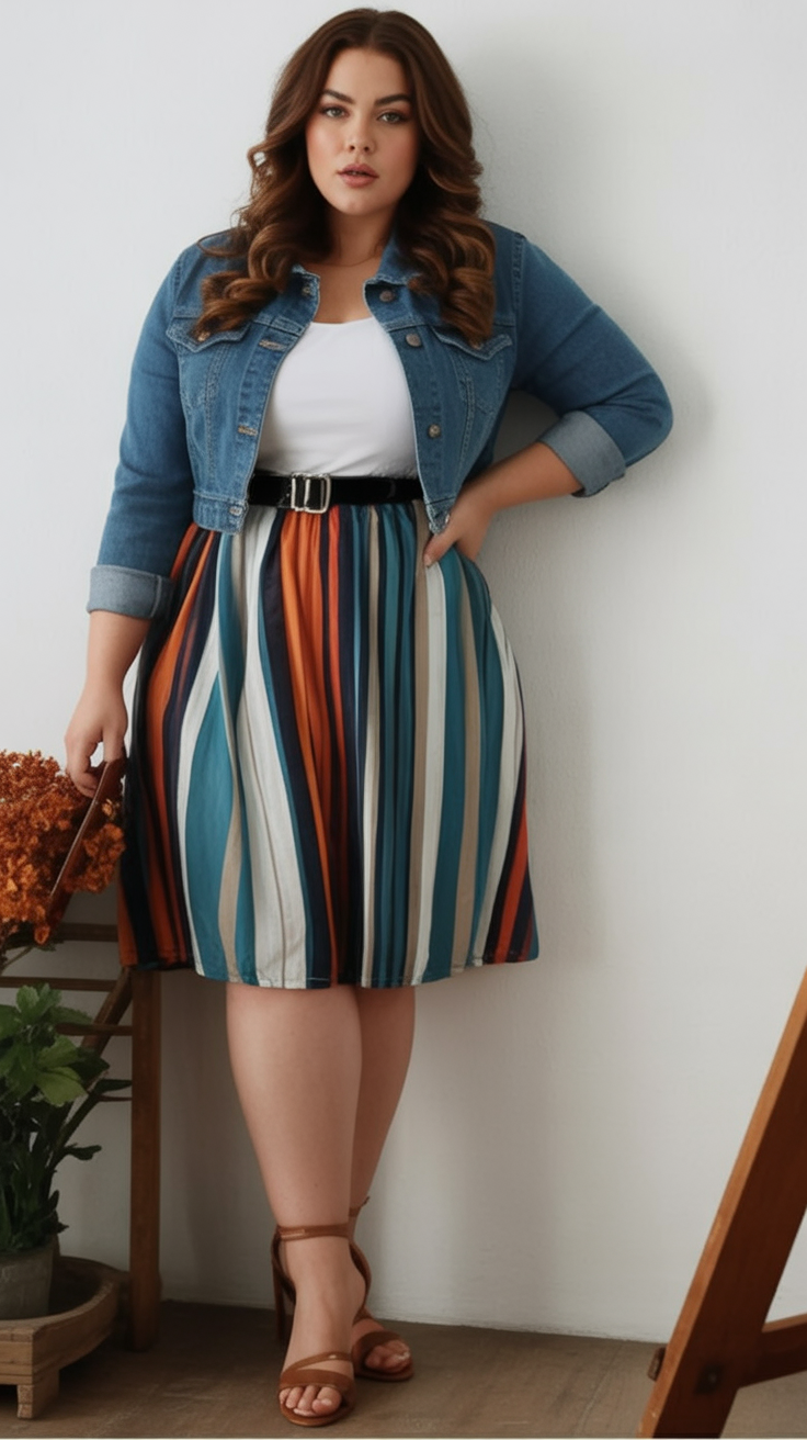 Striped midi skirt with cropped denim jacket
