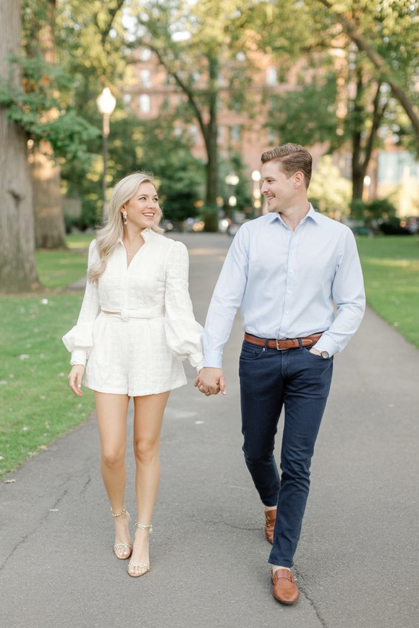 Chic short white dress for park engagement