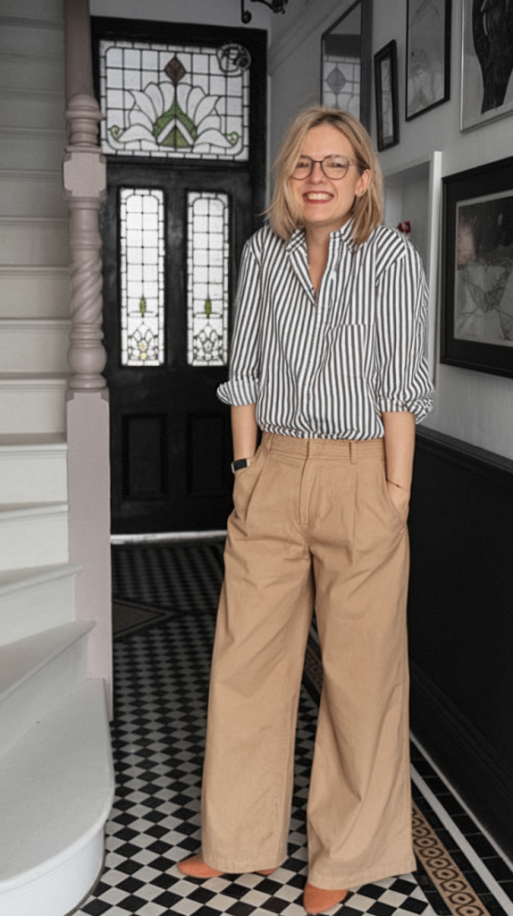 Striped blouse with beige wide-leg trousers and red flats