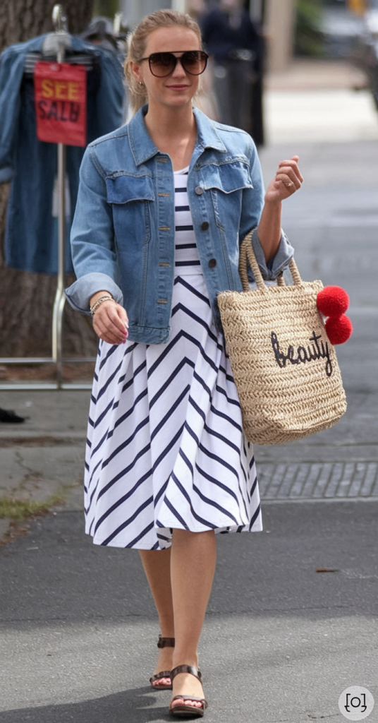 Striped midi dress with denim jacket