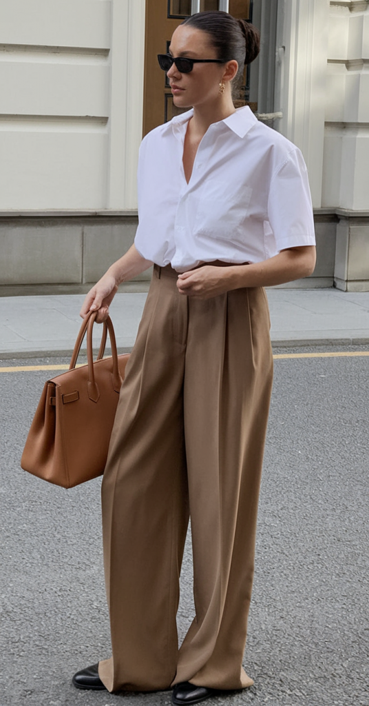 White shirt and camel trousers with gold accessories
