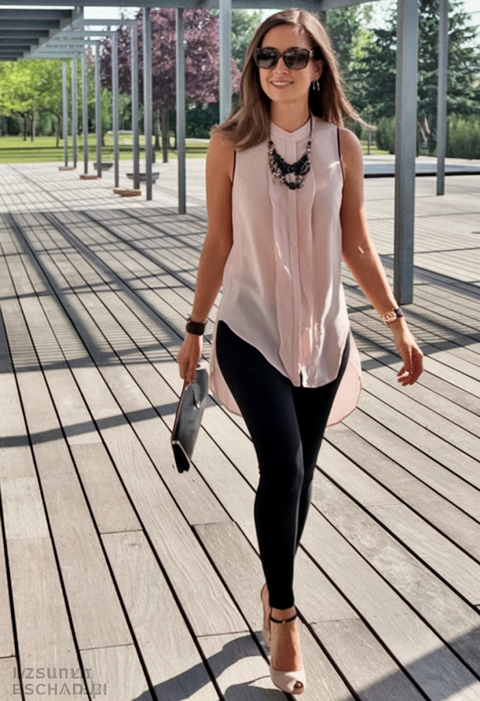 Blush tunic with navy leggings and strappy heels