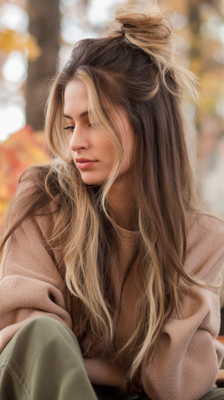 Half-up dirty blonde hair with money piece