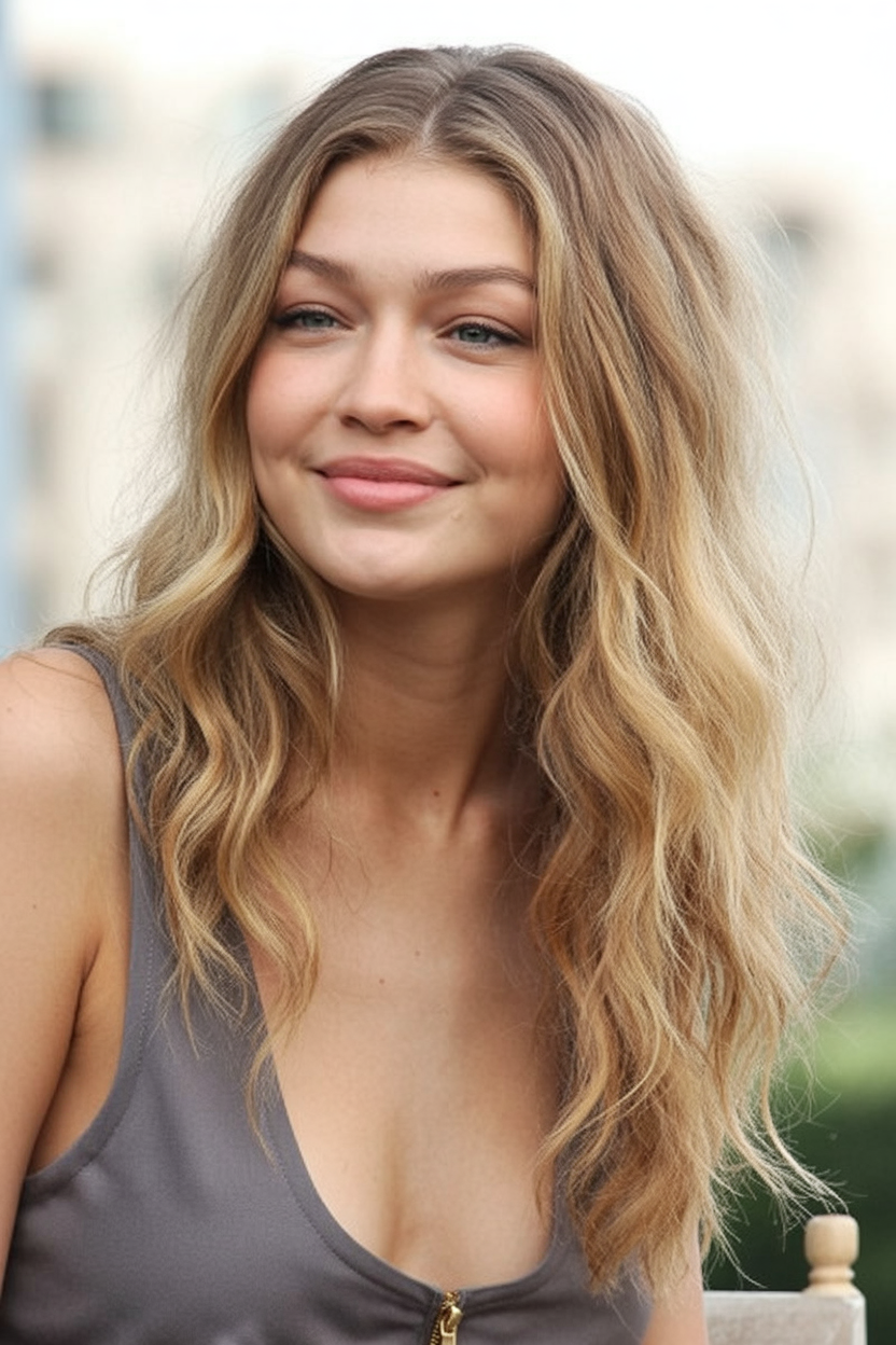 Soft shoulder-length dirty blonde waves