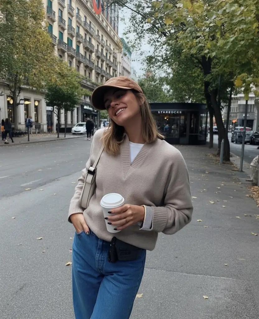 Beige sweater layered over white tee with blue jeans