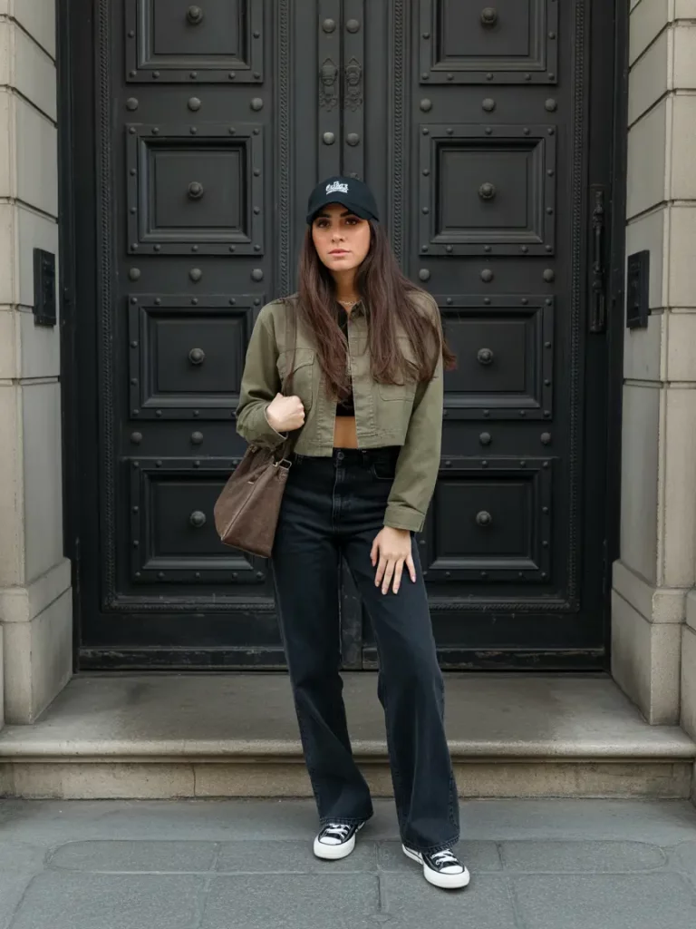 Monochrome black and olive urban outfit