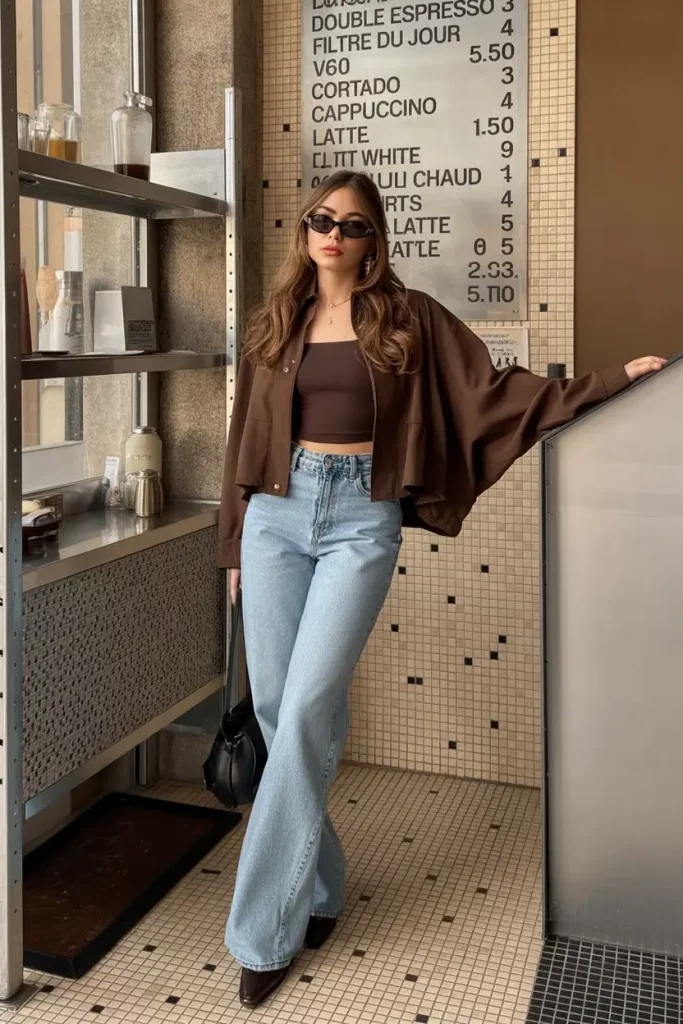 Warm espresso toned top with faded jeans