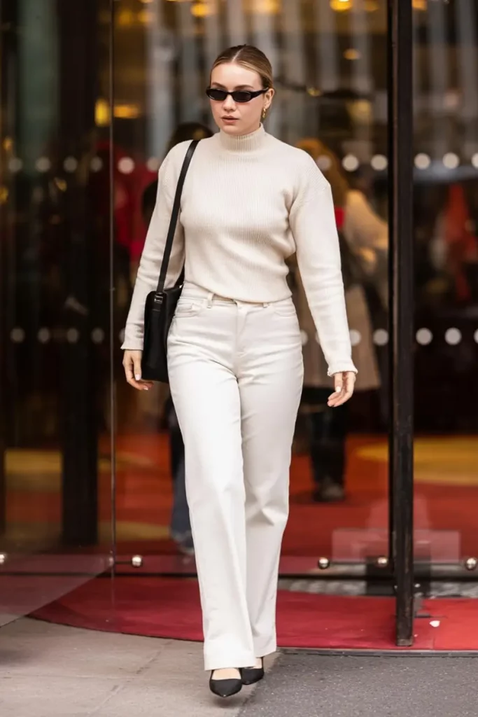Ivory turtleneck with cream trousers