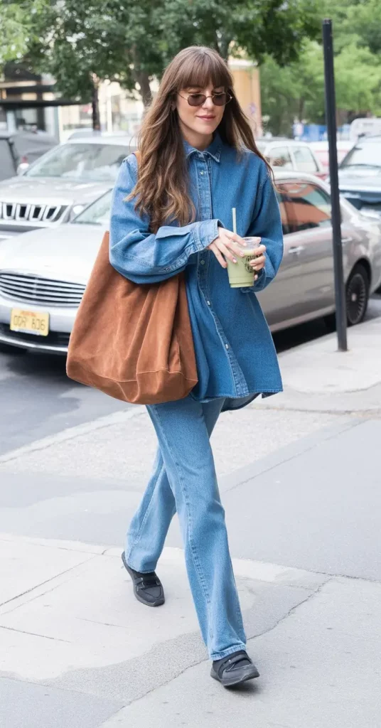 Chambray shirt with flared jeans