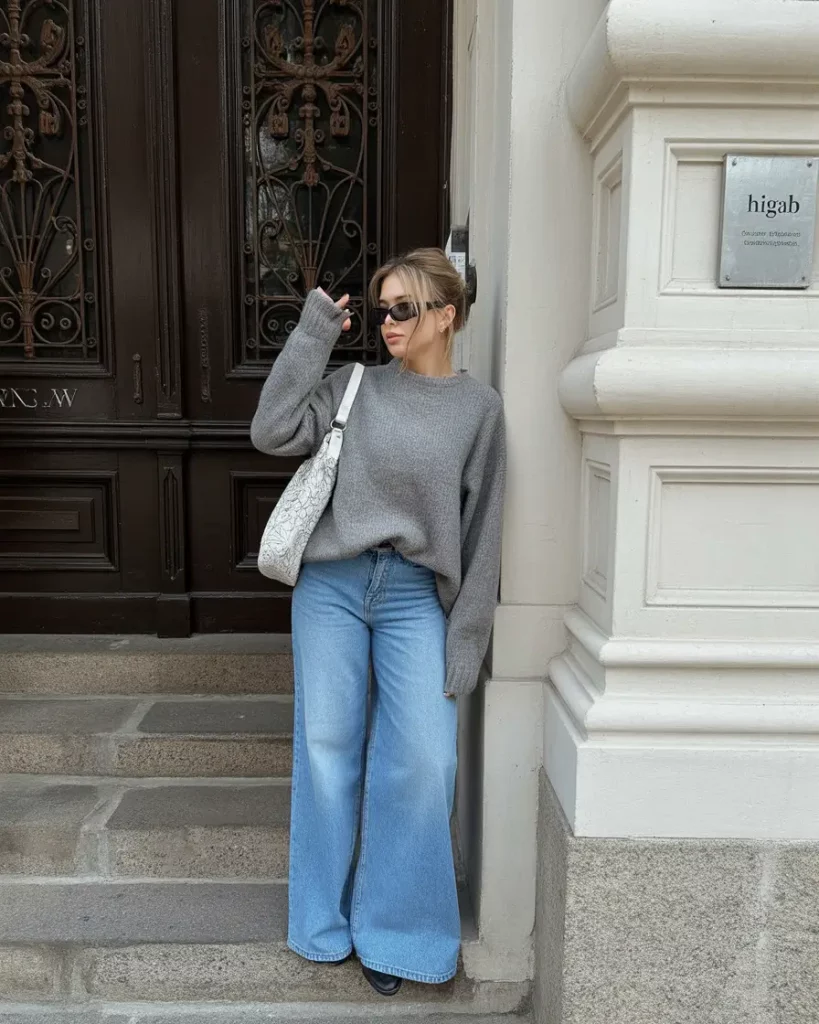 Gray knit sweater with wide-leg jeans