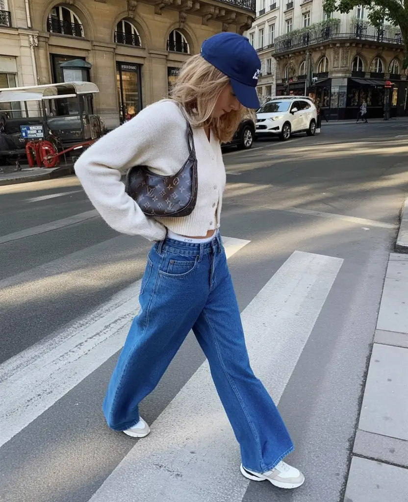 Cropped cardigan with wide-leg jeans and baseball cap