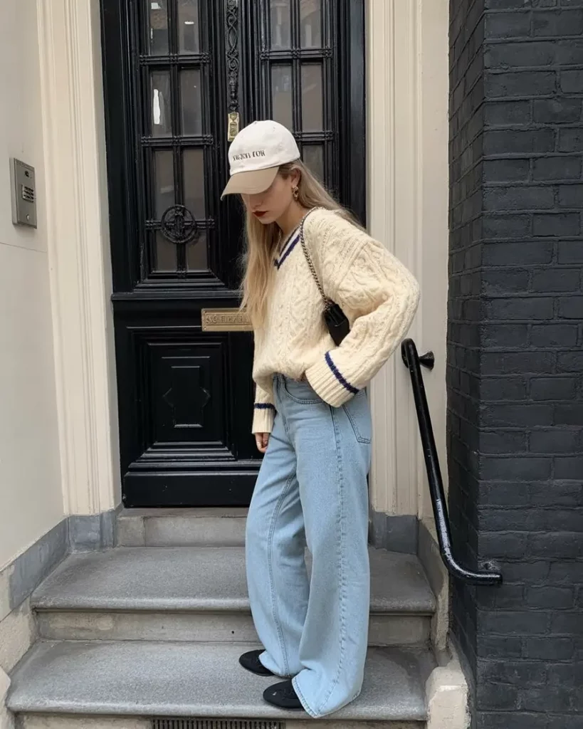 Cable knit sweater with pale jeans and baseball cap