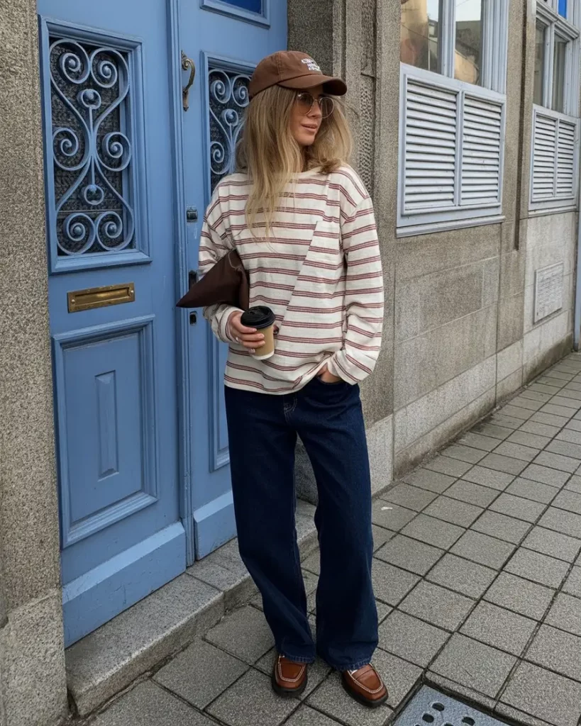 Dark denim with striped top and brown accessories