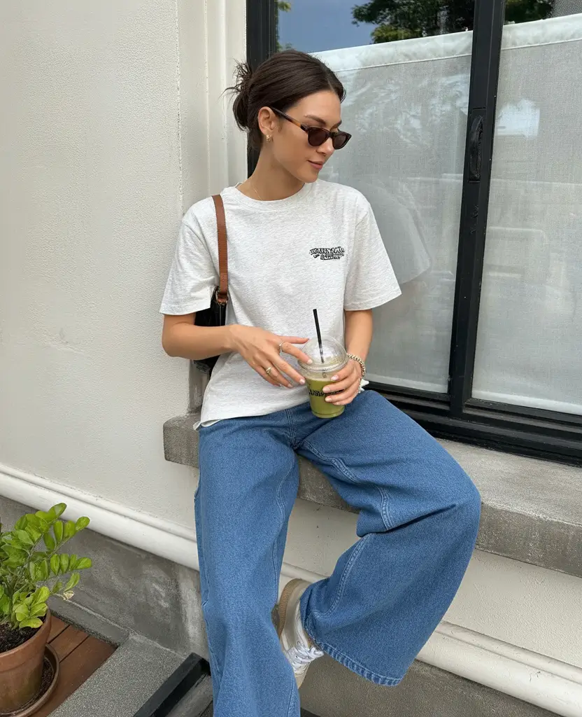 Relaxed outfit with oversized tee and wide-leg jeans