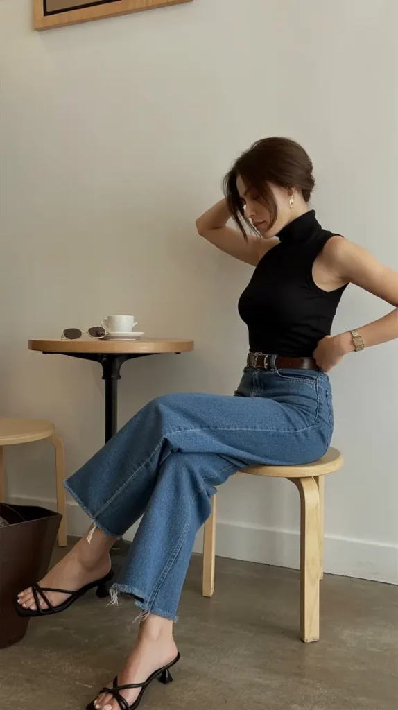 Fitted black top with high-waisted jeans and heels