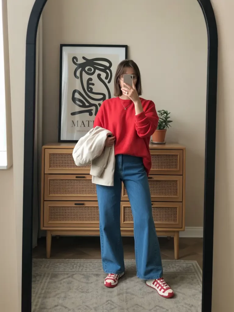 Red sweatshirt with straight-leg jeans and sneakers